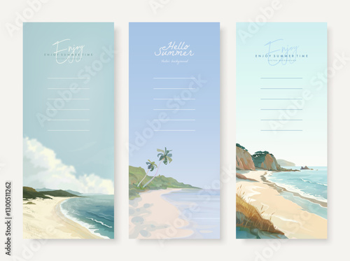 Set of beautiful summer beach sea resort vertical background design template for poster, flyer, web banner, cover, booklets and greeting card. Tropical landscape vector illustration