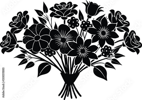 AI generated Silhouette spring flower bouquet tied with ribbon black color only