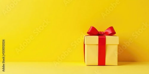 Gift box with red ribbon tied to a wall against a warm sunny yellow background, yellow, simple