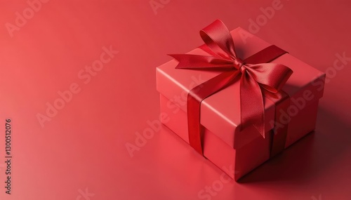 Gift box wrapped in red ribbon with a slight bow, ribbons, packaged