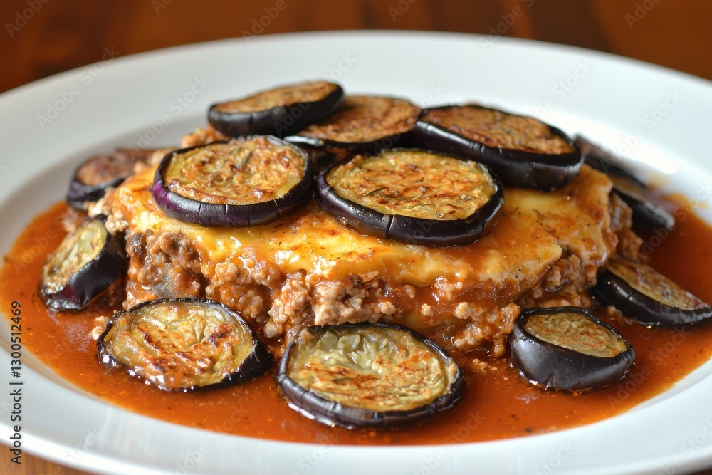 A delectable serving of moussaka on a white plate, showcasing the rich layers of eggplant, savory meat, creamy béchamel sauce, and a flavorful tomato sauce, close up. A delectable serving of moussaka on a white plate, showcasing the rich layers of eggplant, savory meat, creamy béchamel sauce, and a flavorful tomato sauce, close up.