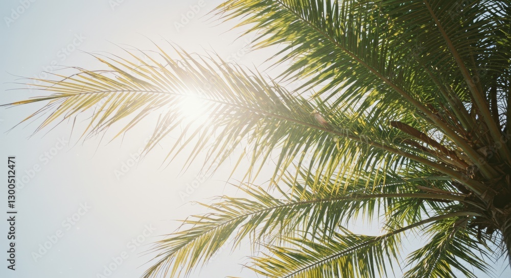 Sunlit palm fronds against a pale blue sky evoking a tropical paradise atmosphere Sunlit palm fronds against a pale blue sky evoking a tropical paradise atmosphere
