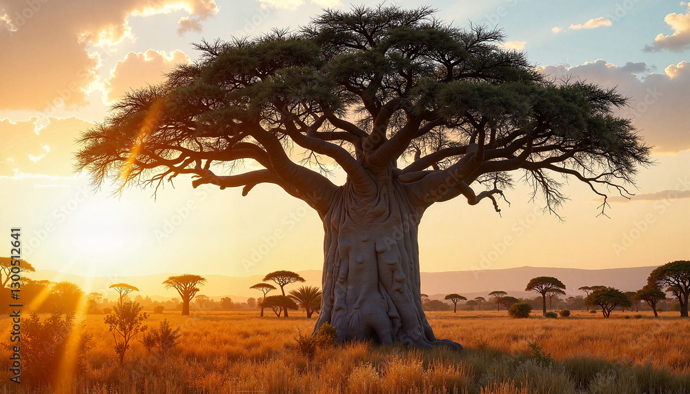 Majestic baobab tree at sunset in the African savannah Majestic baobab tree at sunset in the African savannah