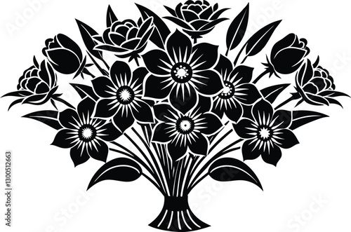 AI generated Silhouette spring flower bouquet tied with ribbon black color only