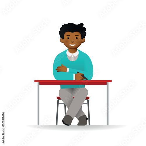 Cheeky african man in sweater and shirt posing. Sitting at table.