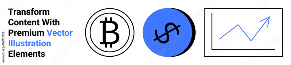 Bitcoin symbol, dollar sign on blue circle, and upward-moving graph. Ideal for cryptocurrency, finance, analytics, investments, digital assets economy fintech. Perfect flat landing page banner Bitcoin symbol, dollar sign on blue circle, and upward-moving graph. Ideal for cryptocurrency, finance, analytics, investments, digital assets economy fintech. Perfect flat landing page banner