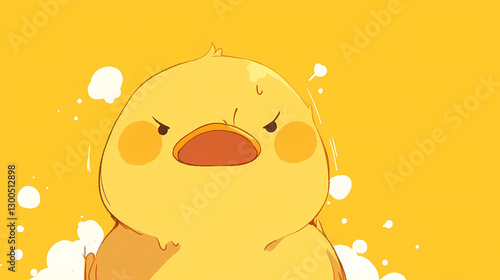 Cartoon yellow chick with an angry expression against a bright yellow background, surrounded by bubbles