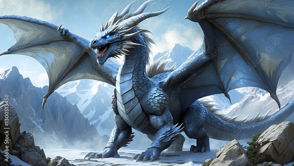 Fototapeta premium Majestic Blue Dragon Spreading Its Wings Over Snowy Mountain Landscape Under Clear Sky