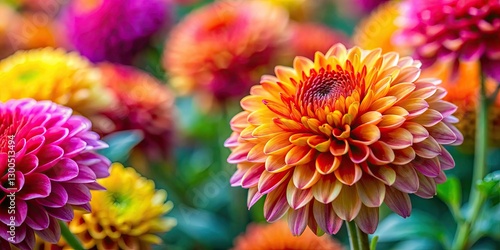 Autumn's vibrant pompon chrysanthemums burst in a colourful garden bloom.