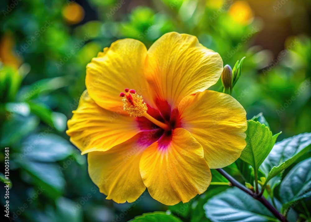 A vibrant yellow hibiscus bursts forth, its green foliage a lush backdrop in this botanical macro photograph. A vibrant yellow hibiscus bursts forth, its green foliage a lush backdrop in this botanical macro photograph.