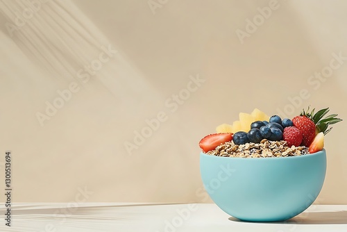 Pastel Bowl of Granola with Berries & Pineapple, Sunlight and Shadows, Minimalist Still Life
