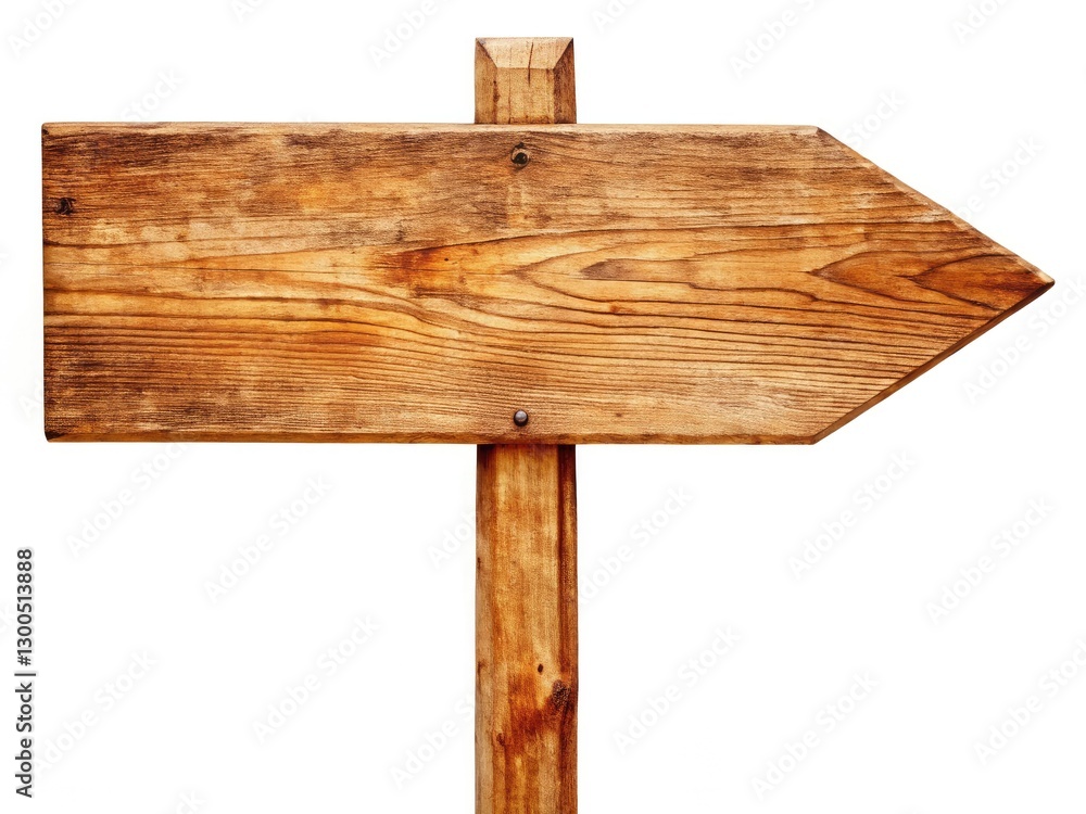 Fototapeta premium A vintage-style wooden arrow signpost, isolated on white, points directions with rustic charm.