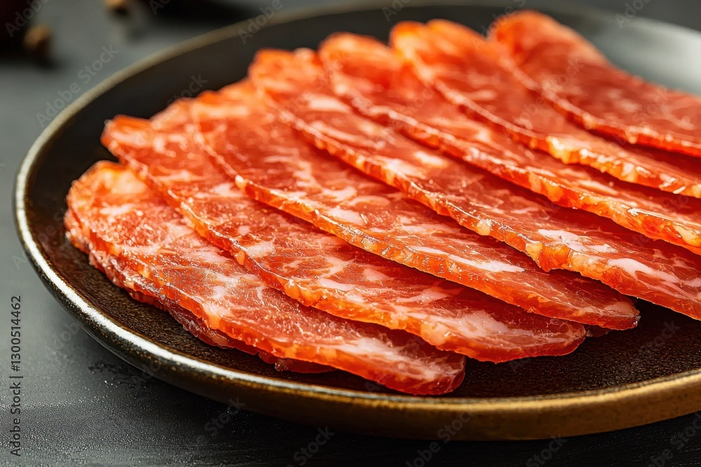 Delicious dry-cured sausage slices arranged on a plate, showcasing its texture, color, and marbling, a gourmet appetizer suitable for culinary enthusiasts. Delicious dry-cured sausage slices arranged on a plate, showcasing its texture, color, and marbling, a gourmet appetizer suitable for culinary enthusiasts.