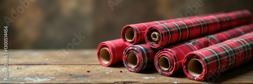 Plaid wrapping paper rolls on a rustic wooden crate, gift, paper, tablecloth