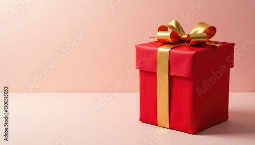Tall cylindrical gift box wrapped in red paper with a golden bow on top, gifting, present