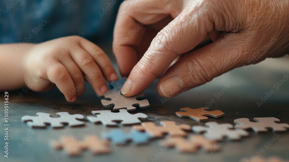 Connection between generations as child and grandparent enjoy a puzzle together in a warm, cozy setting. Connection between generations as child and grandparent enjoy a puzzle together in a warm, cozy setting.