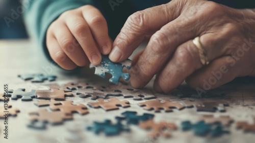 Connection between generations as child and grandparent enjoy a puzzle together in a warm, cozy setting.