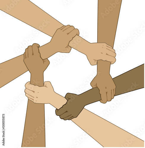 Hands of people of different nationalities Multiethnic holding each other. The concept of friendship and equality. Teamwork rejecting racism despite different skin color, ethnicity, cult solidarity