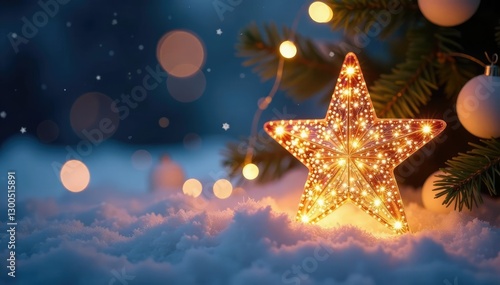 Diamond Christmas star shining against a snowy background, gift, decorations