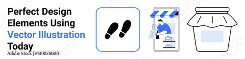 Footprints icon, online shopping storefront, and jam jar graphic showcasing minimalistic vector design. Ideal for e-commerce, packaging, navigation, design education, branding, marketing flat