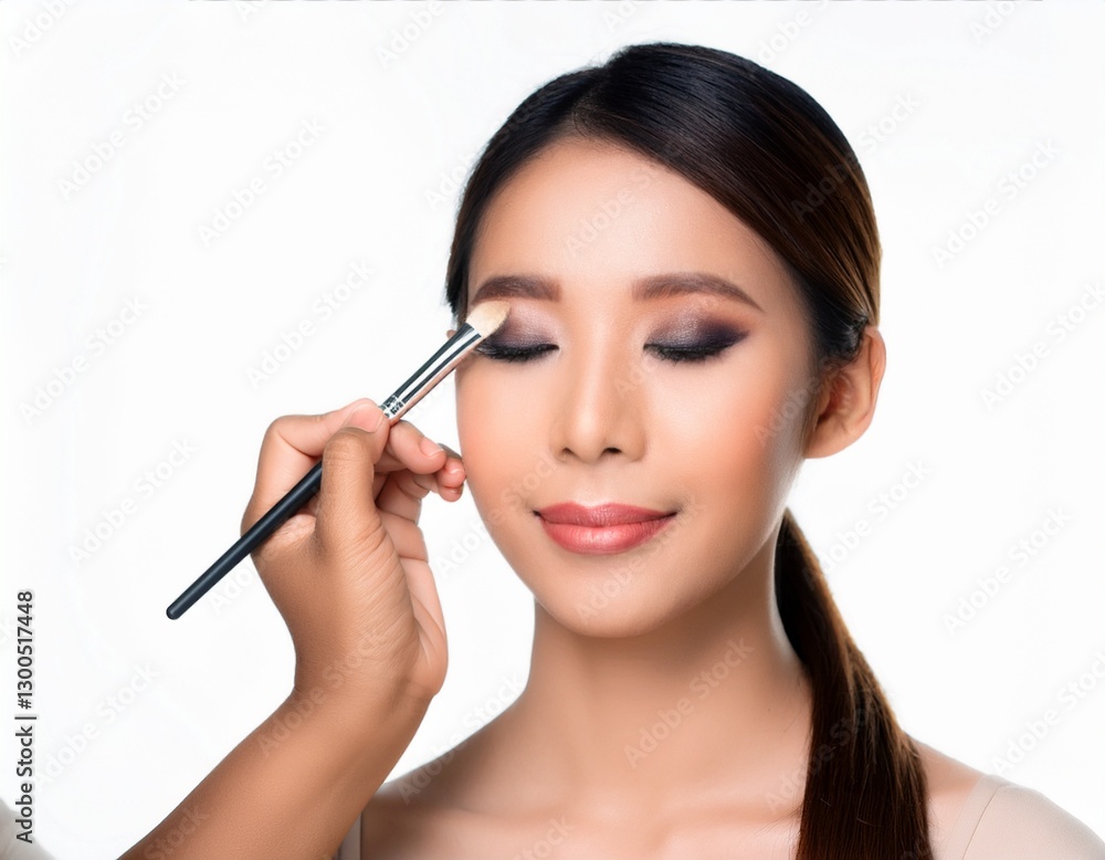 Makeup artist applies eye shadow . Beautiful Asia woman with make-up face. cosmetology Makeup artist applies eye shadow . Beautiful Asia woman with make-up face. cosmetology