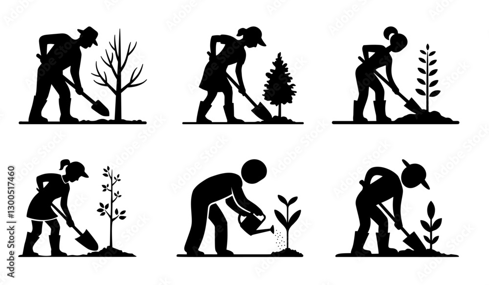 Obraz premium Silhouettes of people gardening, planting trees, watering, and tending, vector illustration, isolated on white background, Arbor Day, spring, nature care designs