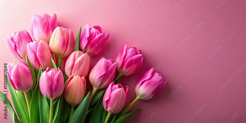 Delicate pastel pink tulips bloom against a minimalist background, offering ample space for text. Delicate pastel pink tulips bloom against a minimalist background, offering ample space for text.