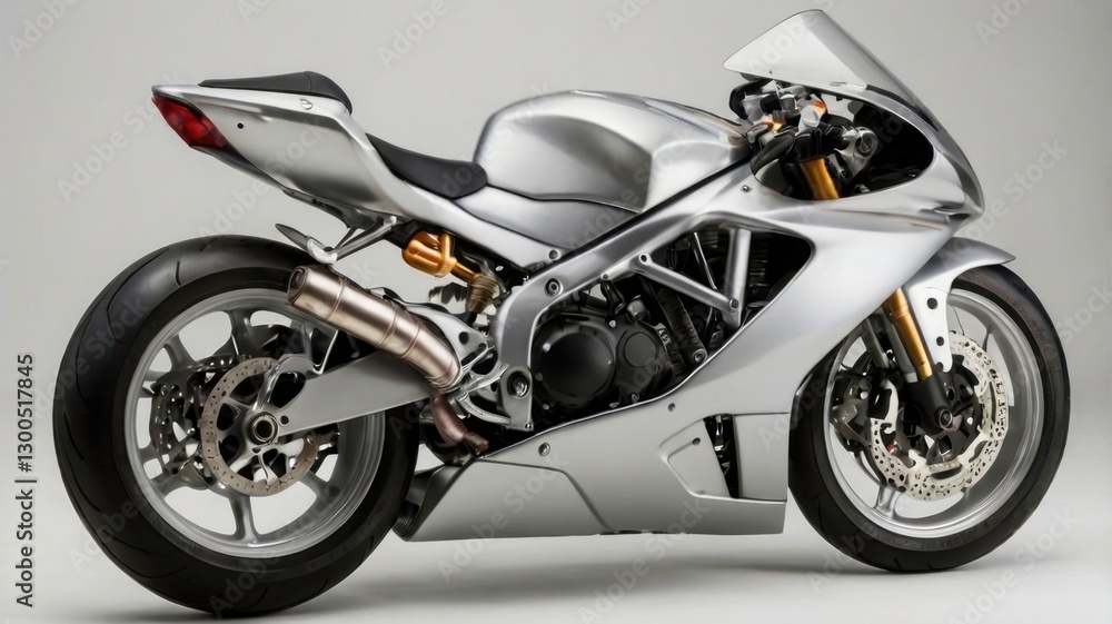 Silver Sports Bike with Curved Tank Side and Visible Mechanical Components on Neutral Background in Bright Studio Lighting Silver Sports Bike with Curved Tank Side and Visible Mechanical Components on Neutral Background in Bright Studio Lighting
