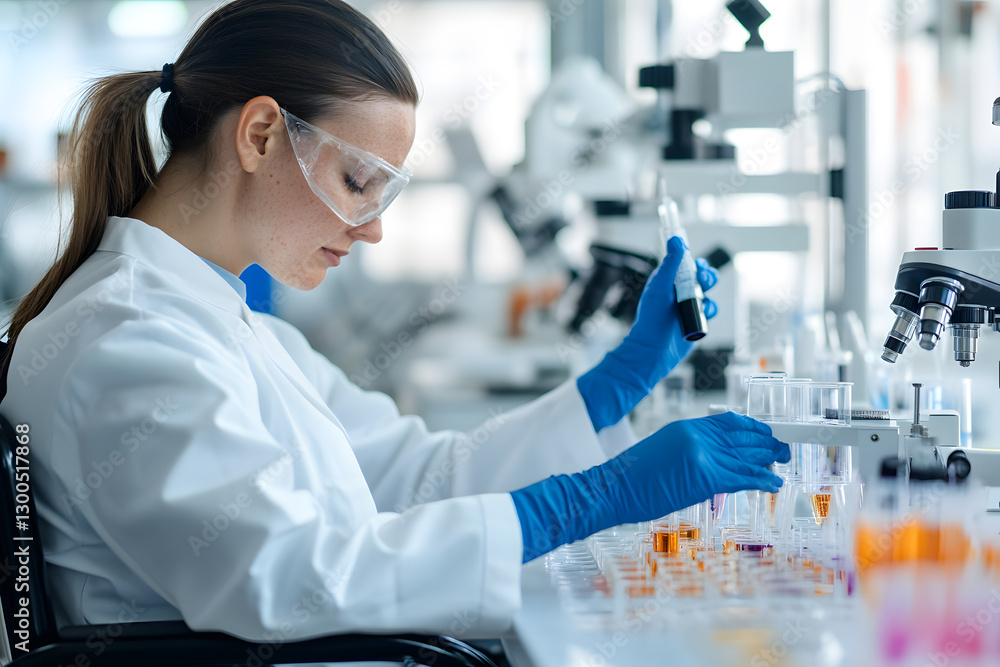 Scientist in lab coat and safety glasses, holding test tubes with colored solutions, seated at a table with lab equipment, conducting an experiment. Scientist in lab coat and safety glasses, holding test tubes with colored solutions, seated at a table with lab equipment, conducting an experiment.