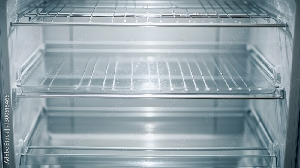 Empty Refrigerator Interior with Transparent Glass Shelves and Clean Lines in Modern Kitchen Design Setting Empty Refrigerator Interior with Transparent Glass Shelves and Clean Lines in Modern Kitchen Design Setting
