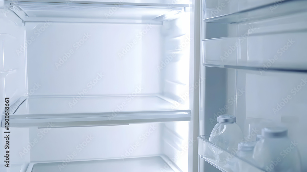 Empty Refrigerator Interior with Bright Lighting and Minimalist Design in Modern Kitchen Setting Empty Refrigerator Interior with Bright Lighting and Minimalist Design in Modern Kitchen Setting