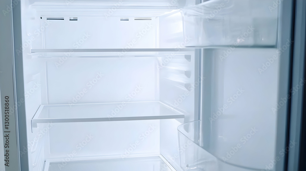Empty Refrigerator Interior with Clear Shelves and Bright Lighting Showcasing Cleanliness and Modern Design in a Contemporary Kitchen Empty Refrigerator Interior with Clear Shelves and Bright Lighting Showcasing Cleanliness and Modern Design in a Contemporary Kitchen