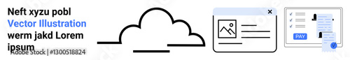 Cloud icon connected to digital content panel and payment receipt. Ideal for data sharing, organization, cloud computing, online payments, work productivity, technology, abstract line flat metaphor