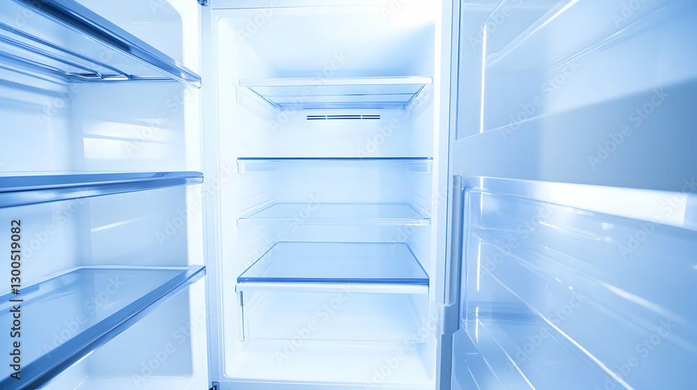 Interior View of an Empty Modern Refrigerator with Bright Blue Lighting and Clean Shelves in a Spacious Kitchen Setting Interior View of an Empty Modern Refrigerator with Bright Blue Lighting and Clean Shelves in a Spacious Kitchen Setting