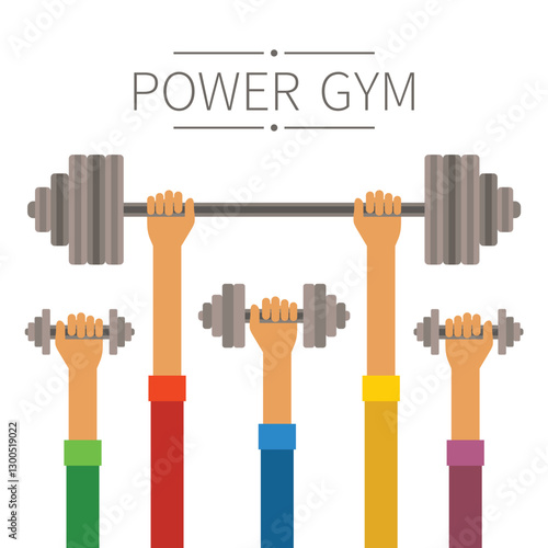 Raised hands with power gym equipment concept in flat style