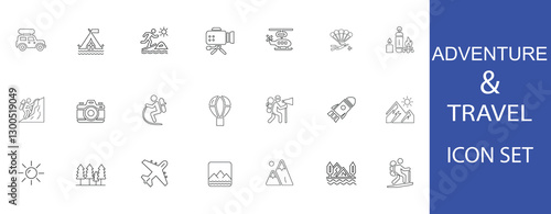 Adventure & Travel icon set featuring outdoor activities like hiking, camping, skydiving, and mountain exploration. Perfect for travel blogs, websites, and adventure-themed designs