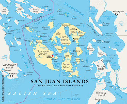 San Juan Islands, part of Washington state, political map. Archipelago in the Pacific Northwest of the United States, east of Vancouver Island, in the Salish Sea, forming the core of San Juan County.