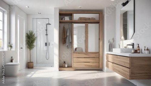 Modern bathroom with a spacious closet and white walls, closet,  decor,  bathroom