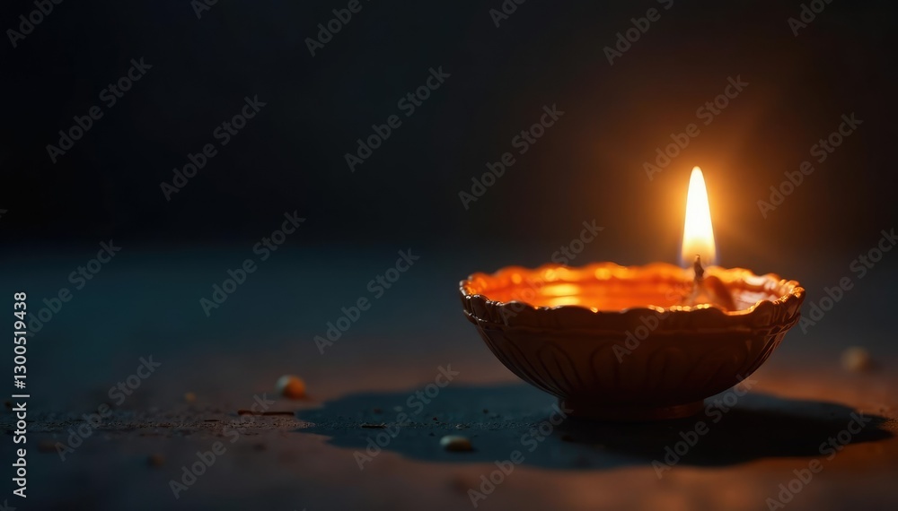 Single diya with soft light on a dark background, golden light, ambiance, highlight Single diya with soft light on a dark background, golden light, ambiance, highlight