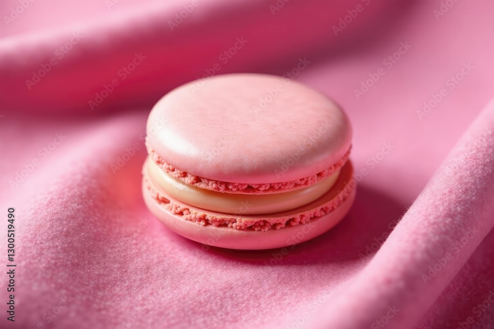 Fototapeta premium Single French vanilla macaroon on a velvet cloth, velvet, detail, pink