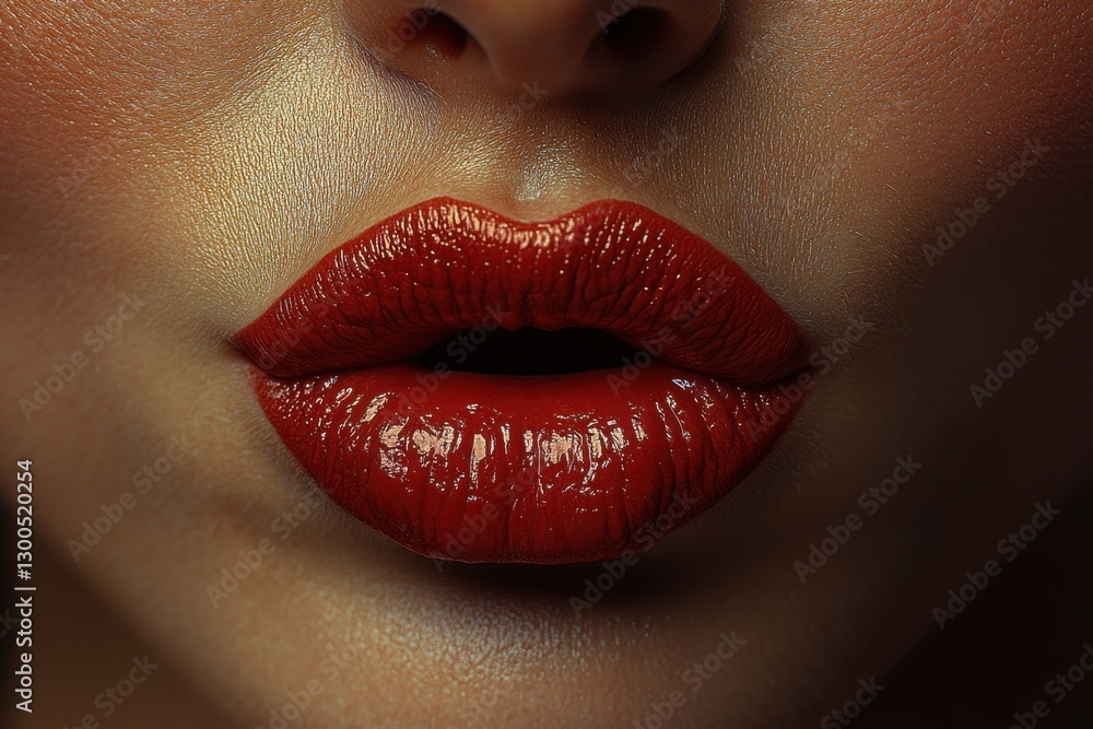 Fototapeta premium Close-up view of glossy red lips showcasing vibrant color and texture in a dramatic lighting setup during a makeup demonstration at a beauty event