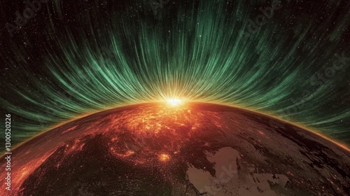 A sun dramatically rises over a fiery planet, casting vibrant green auroras across the sky, symbolizing new beginnings, dramatic landscapes, and cosmic beauty.