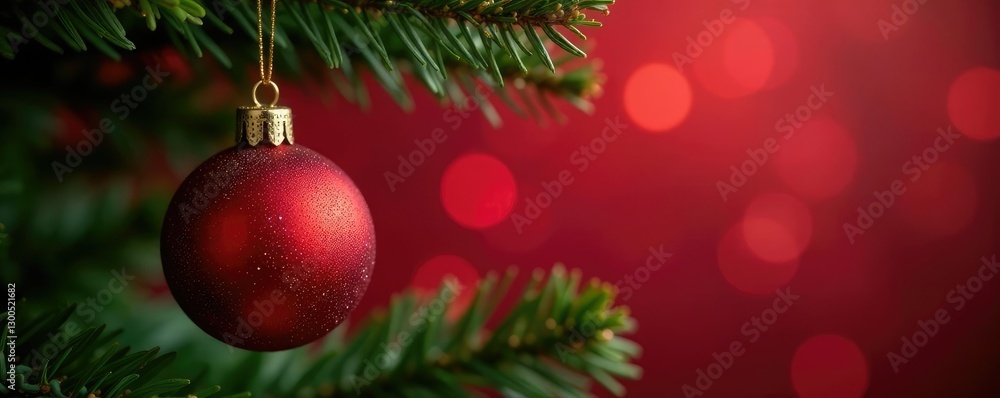Naklejka premium Single glittery red bauble hanging from a Christmas tree branch with a star, decorations, red, bauble