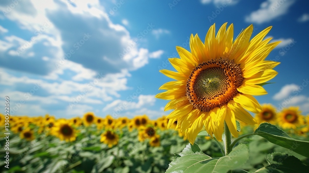 Golden Beauty: Stunning Sunflower Field in Full Bloom under a Summer Sky Golden Beauty: Stunning Sunflower Field in Full Bloom under a Summer Sky