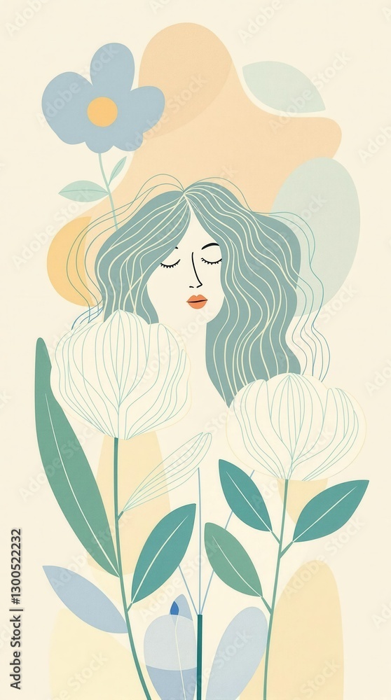 A woman with long hair is sitting in a flower garden A woman with long hair is sitting in a flower garden