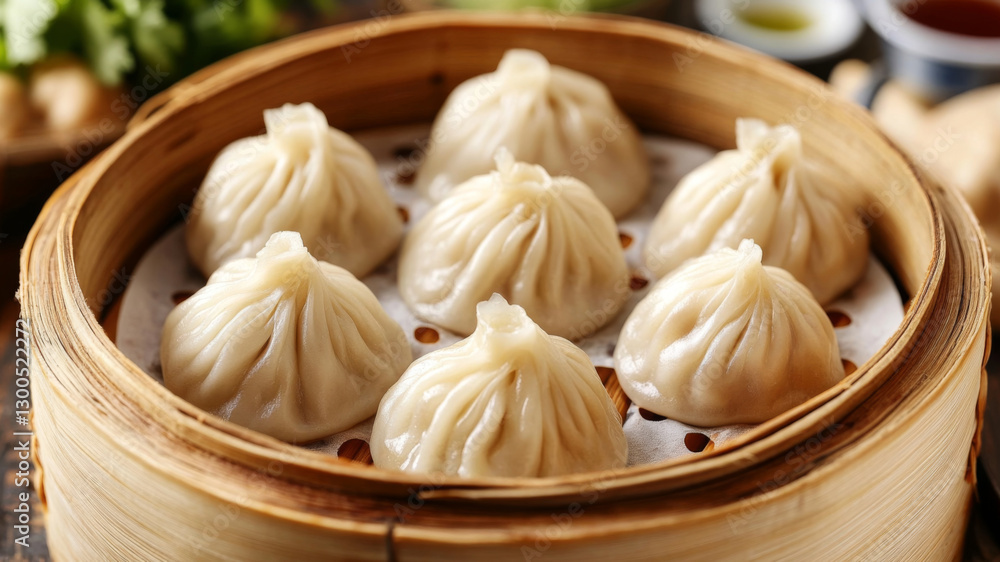 Steamed xiao long bao dumplings in a traditional bamboo basket with soft pleated dough Steamed xiao long bao dumplings in a traditional bamboo basket with soft pleated dough