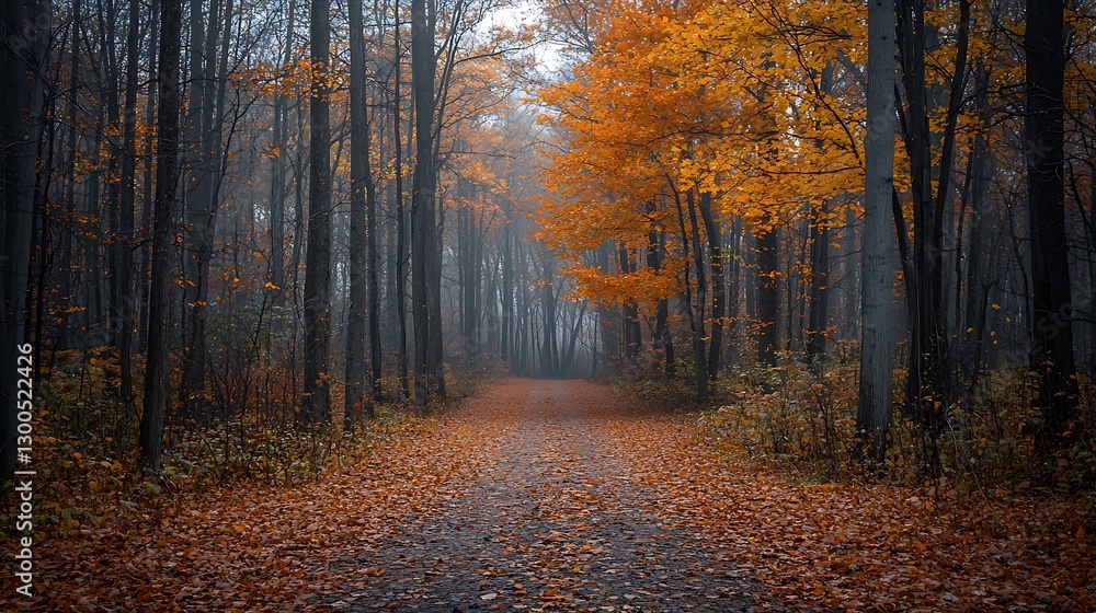 Fototapeta premium Misty autumn forest path lined with colorful leaves