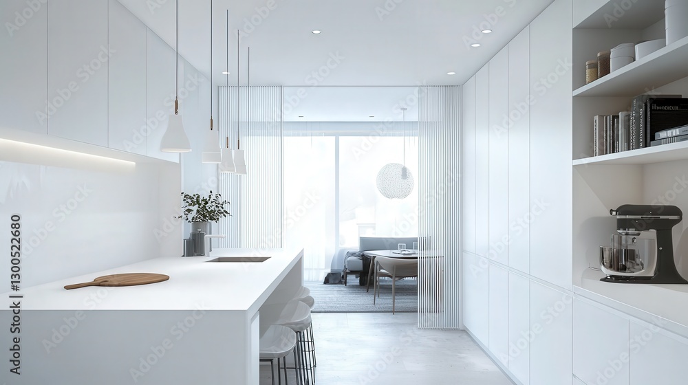 chic kitchen with white counters and a folding screen near a white wall. chic kitchen with white counters and a folding screen near a white wall.