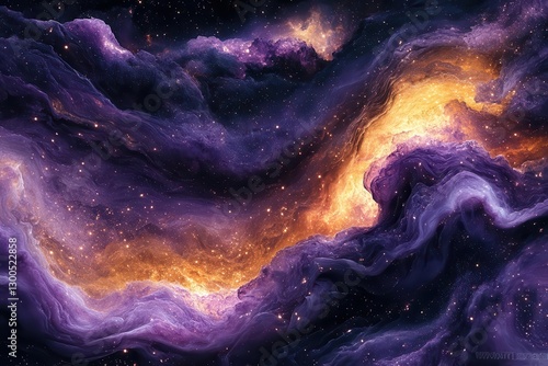 a cosmic dance of midnight black and electric neon purple swirls creating abstract patterns reminiscent of galactic nebulae with shimmering starbursts and ethereal wisps
