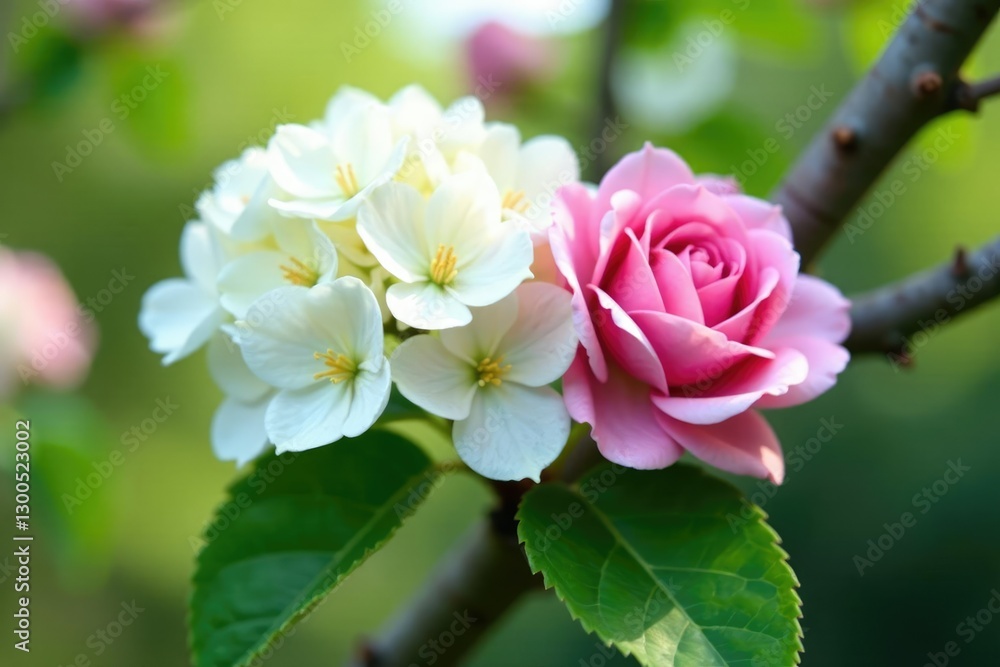 Obraz premium White hydrangeas and pink garden roses intertwined on a tree branch, blossom, flower